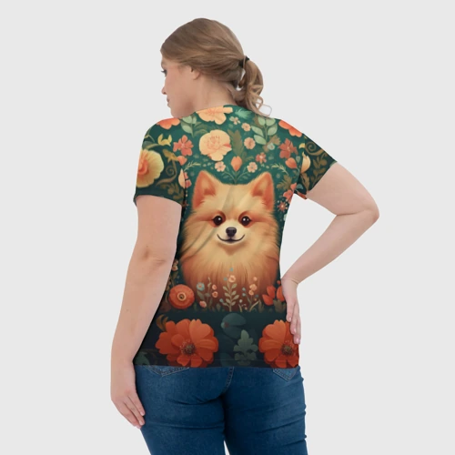 Женская футболка 3D с принтом Шпиц в стиле Фолк Арт, вид сзади #2