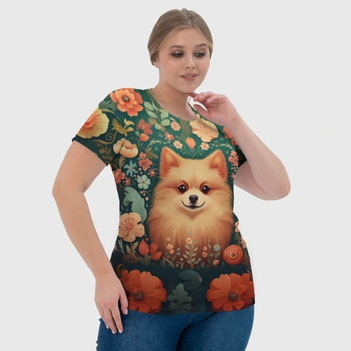 Женская футболка 3D с принтом Шпиц в стиле Фолк Арт, фото #4