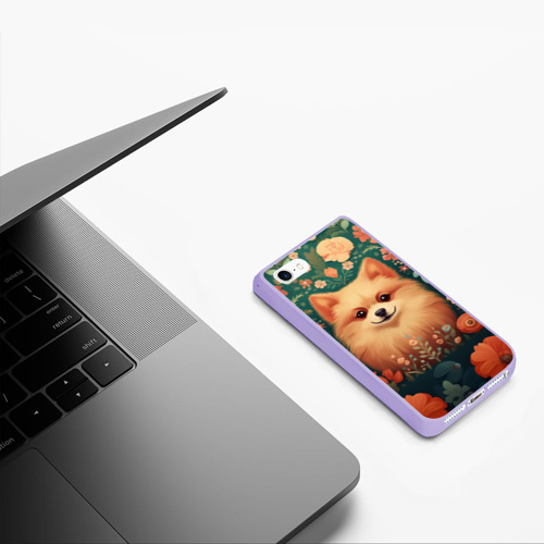 Чехол для iPhone 5/5S матовый Шпиц в стиле Фолк Арт, цвет светло-сиреневый - фото 5