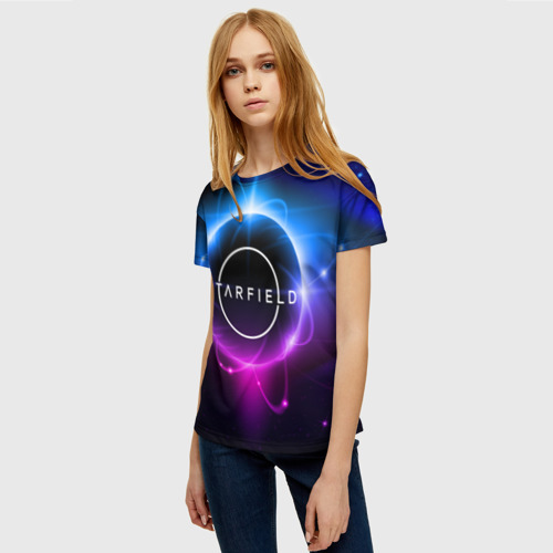 Женская футболка 3D с принтом Starfield space logo, фото на моделе #1