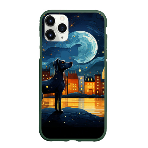 Чехол для iPhone 11 Pro Max матовый с принтом Собака на фоне ночного города в стиле Фолк Арт, вид спереди #2