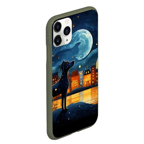 Чехол для iPhone 11 Pro Max матовый с принтом Собака на фоне ночного города в стиле Фолк Арт, вид сбоку #3
