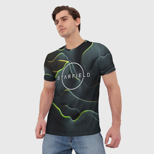 Мужская футболка 3D с принтом Starfield logo green texture, фото на моделе #1