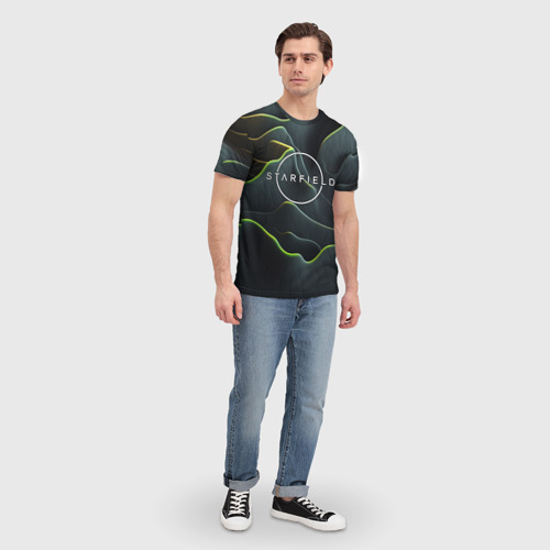 Мужская футболка 3D с принтом Starfield logo green texture, вид сбоку #3