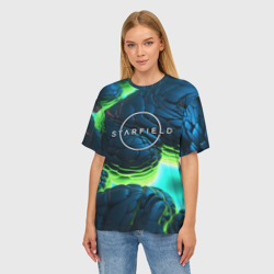 Женская футболка oversize 3D Starfield blue green logo - фото 2