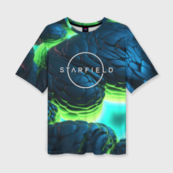 Женская футболка oversize 3D Starfield blue green logo