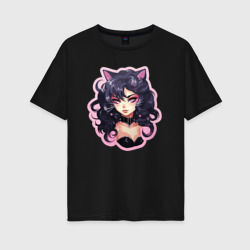 Женская футболка хлопок Oversize Девушка-кошка в черно-розовом стиле