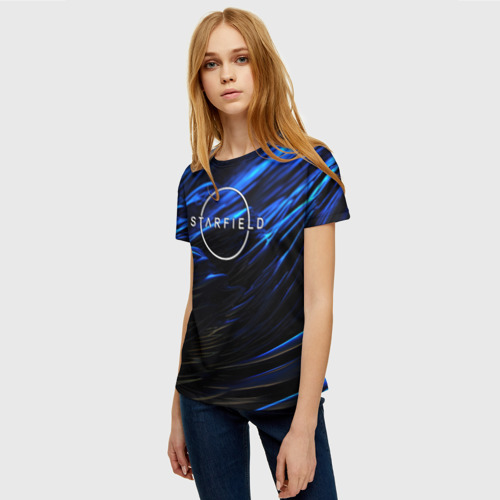 Женская футболка 3D с принтом Starfield logo blue background, фото на моделе #1