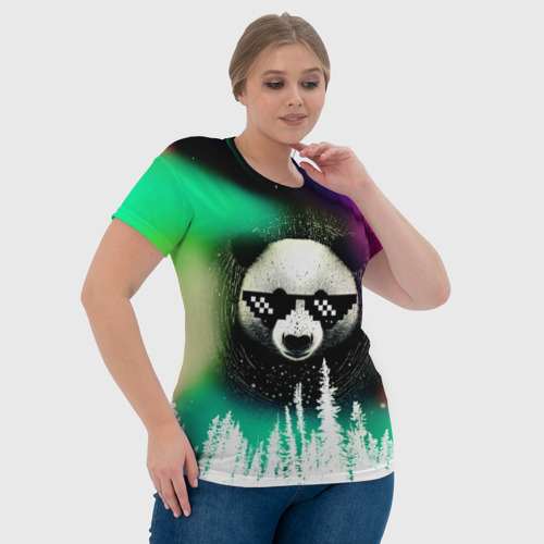 Женская футболка 3D с принтом Панда в очках на фоне северного сияния и леса, фото #4