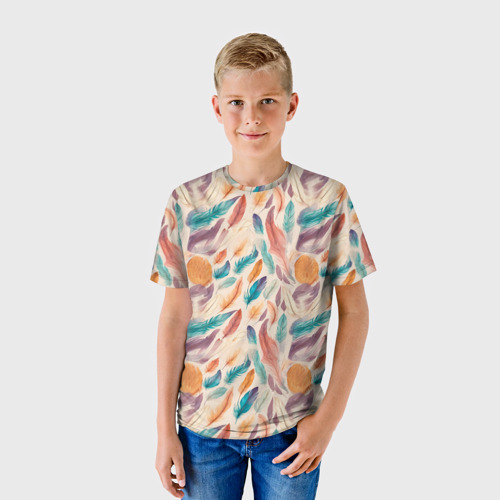 Детская футболка 3D Разноцветные перья узор, цвет 3D печать - фото 3