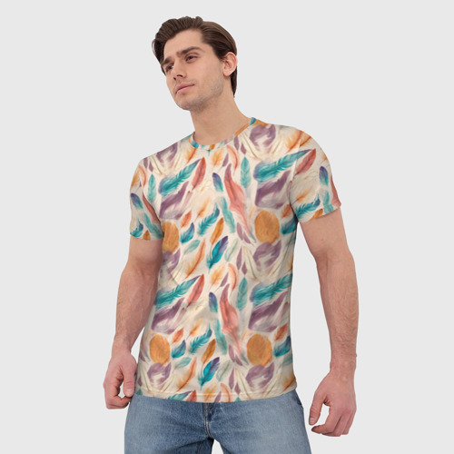 Мужская футболка 3D Разноцветные перья узор, цвет 3D печать - фото 3