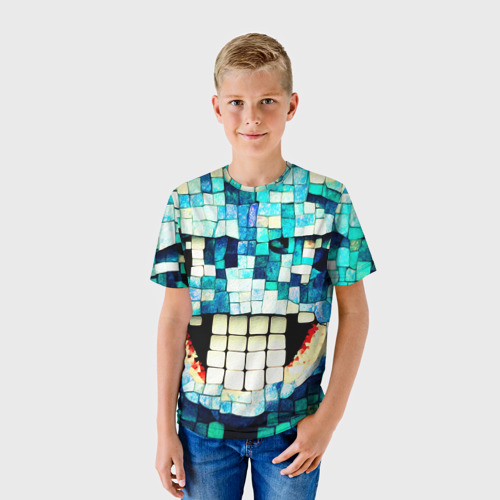 Детская футболка 3D Смайлик из бирюзовой мазайке, цвет 3D печать - фото 3