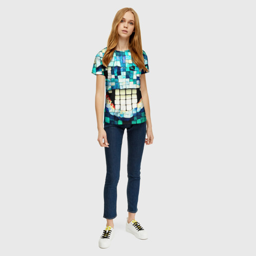 Женская футболка 3D с принтом Смайлик из бирюзовой мазайке, вид сбоку #3