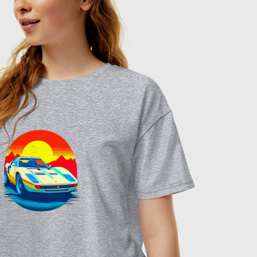 Женская футболка хлопок Oversize Ретро автомобиль на фоне заката, цвет меланж - фото 3