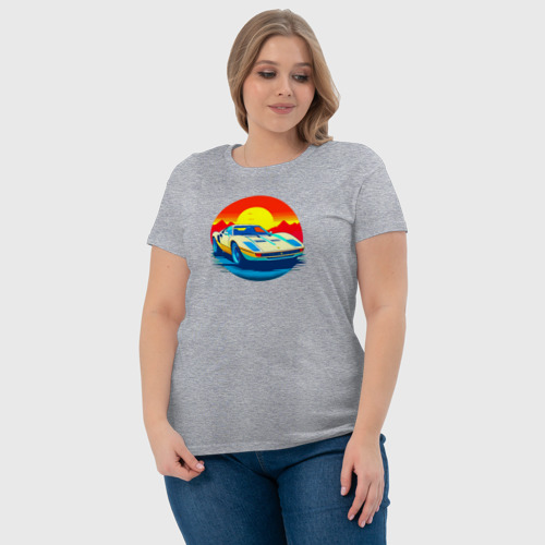Женская футболка хлопок с принтом Ретро автомобиль на фоне заката, фото #4