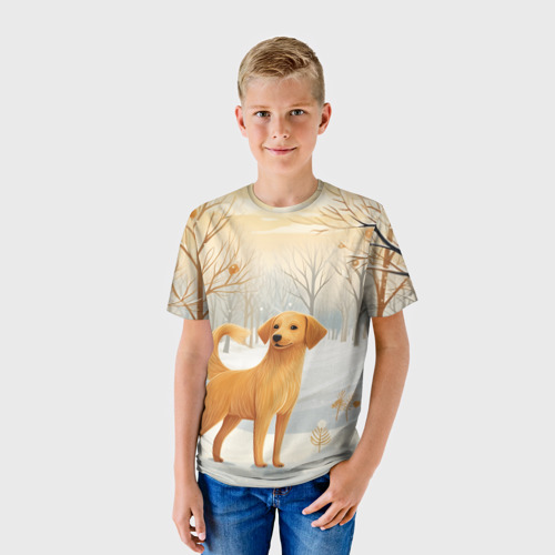 Детская футболка 3D Лабрадор  в лесу в стиле Фолк Арт, цвет 3D печать - фото 3