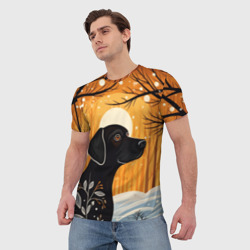 Мужская футболка 3D Лабрадор черный в лесу в стиле фолк арт - фото 2