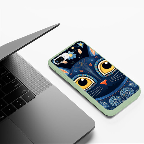 Чехол для iPhone 7Plus/8 Plus матовый с принтом Синий котик в фолк арт стиле, фото #5