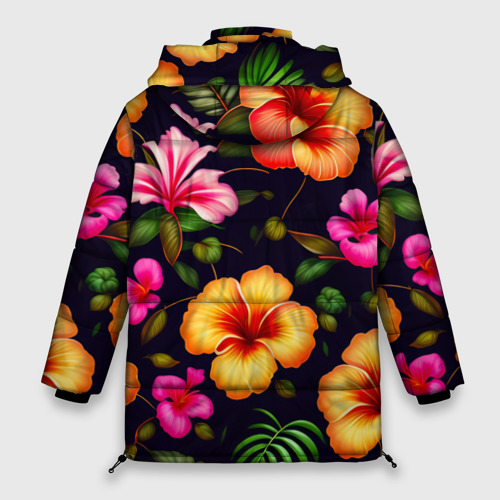 Женская зимняя куртка 3D с принтом Гавайские цветы узор, вид сзади #1