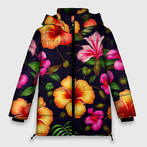 Женская зимняя куртка 3D с принтом Гавайские цветы узор, вид спереди #2