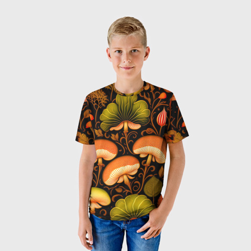 Детская футболка 3D с принтом Грибы с листвой узор, фото на моделе #1