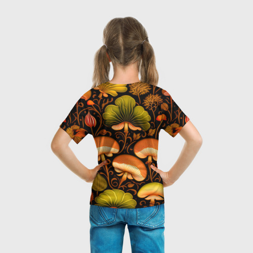 Детская футболка 3D с принтом Грибы с листвой узор, вид сзади #2