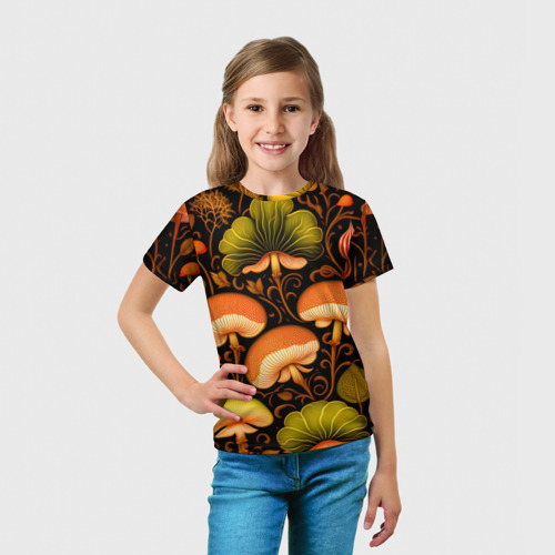 Детская футболка 3D с принтом Грибы с листвой узор, вид сбоку #3