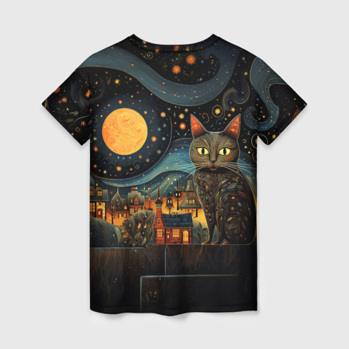 Женская футболка 3D с принтом Котик на фоне ночного города в стиле folk art, вид сзади #1