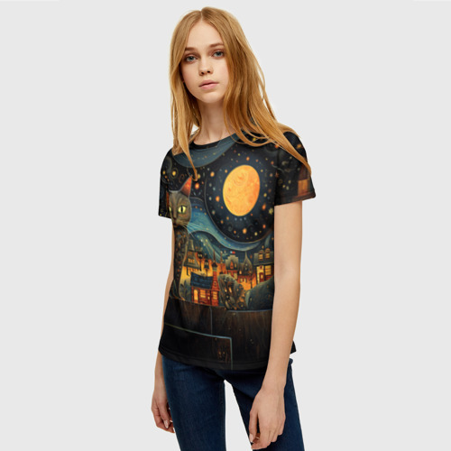 Женская футболка 3D с принтом Котик на фоне ночного города в стиле folk art, фото на моделе #1