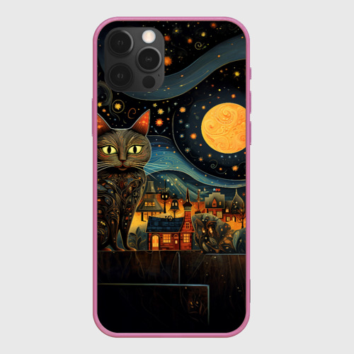 Чехол для iPhone 12 Pro с принтом Котик на фоне ночного города в стиле folk art, вид спереди #2