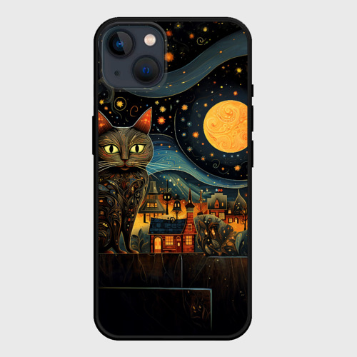 Чехол для iPhone 14 Plus с принтом Котик на фоне ночного города в стиле folk art, вид спереди #2