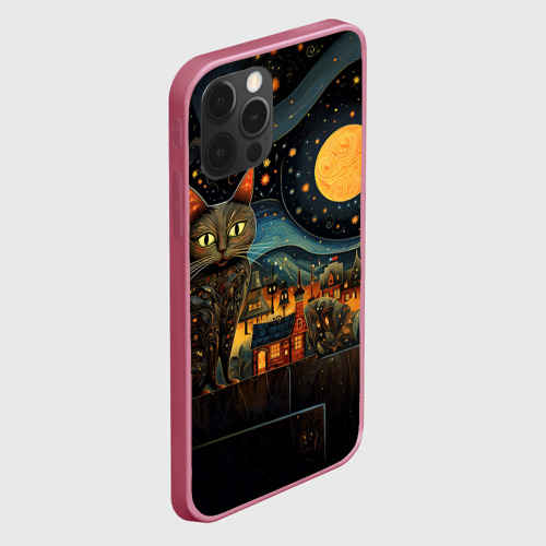 Чехол для iPhone 12 Pro с принтом Котик на фоне ночного города в стиле folk art, вид сбоку #3