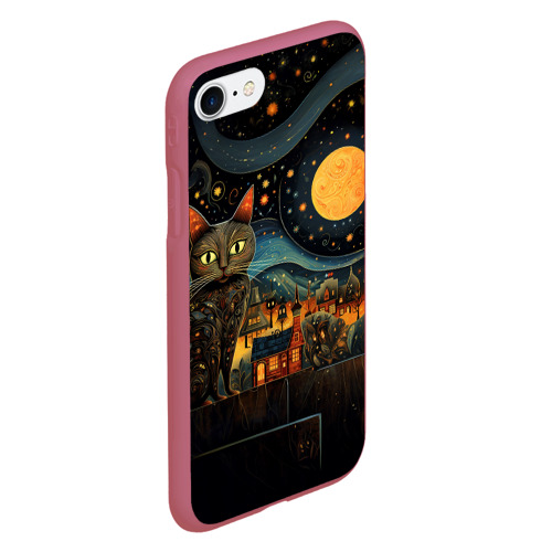 Чехол для iPhone 7/8 матовый с принтом Котик на фоне ночного города в стиле folk art, вид сбоку #3