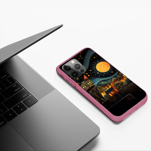 Чехол для iPhone 12 Pro с принтом Котик на фоне ночного города в стиле folk art, фото #4