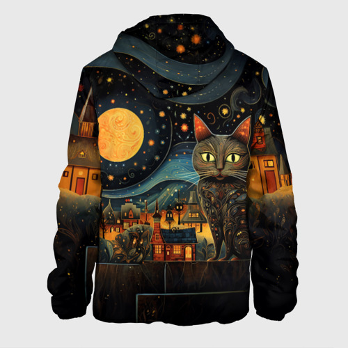 Мужская куртка 3D с принтом Котик на фоне ночного города в стиле folk art, вид сзади #1