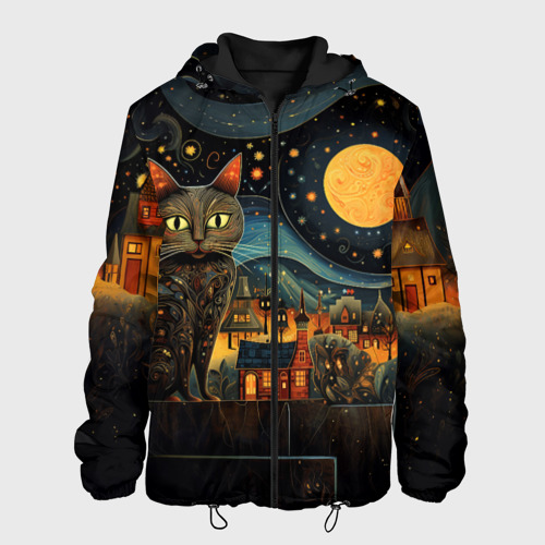 Мужская куртка 3D с принтом Котик на фоне ночного города в стиле folk art, вид спереди #2