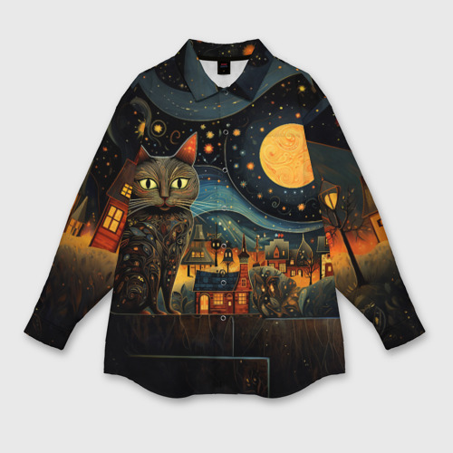 Мужская рубашка oversize 3D с принтом Котик на фоне ночного города в стиле folk art, вид спереди #2