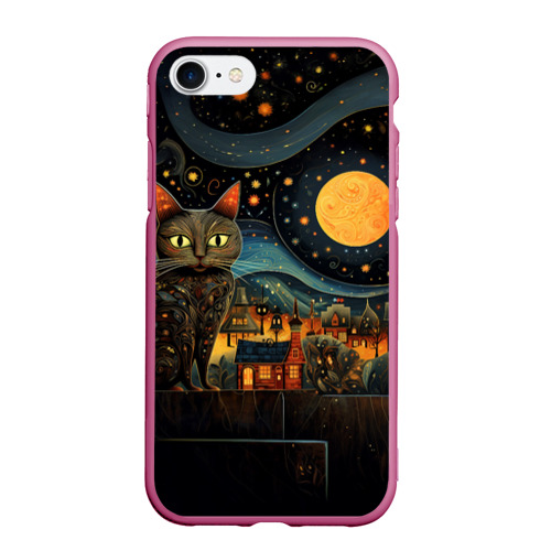 Чехол для iPhone 7/8 матовый с принтом Котик на фоне ночного города в стиле folk art, вид спереди #2