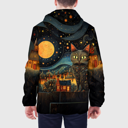 Мужская куртка 3D с принтом Котик на фоне ночного города в стиле folk art, вид сзади #2