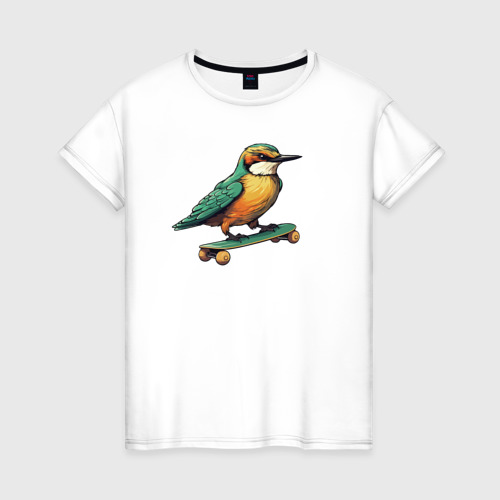 Женская футболка из хлопка с принтом Птица катается на скейте, вид спереди №1