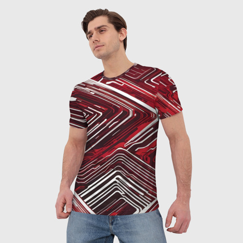 Мужская футболка 3D Кибер линии красный-белый, цвет 3D печать - фото 3