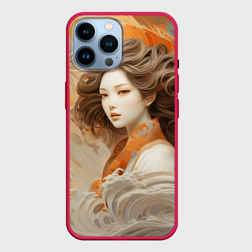 Чехол для iPhone 14 Pro Max с принтом Японская девушка и волны океана, вид спереди #2
