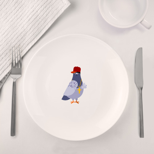 Набор: тарелка + кружка Крутой голубь в кепке показывает f**k - фото 4