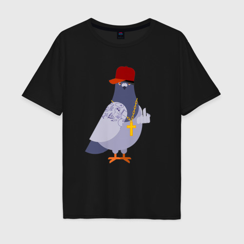 Мужская футболка хлопок Oversize Крутой голубь в кепке показывает f**k, цвет черный