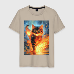 Мужская футболка хлопок Кот пушистый с огнем