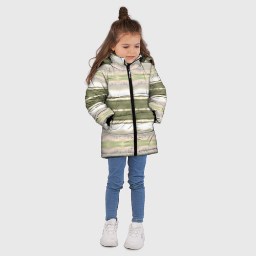 Зимняя куртка для девочек 3D с принтом Тай дай полосы в оливковых тонах, вид сбоку #3
