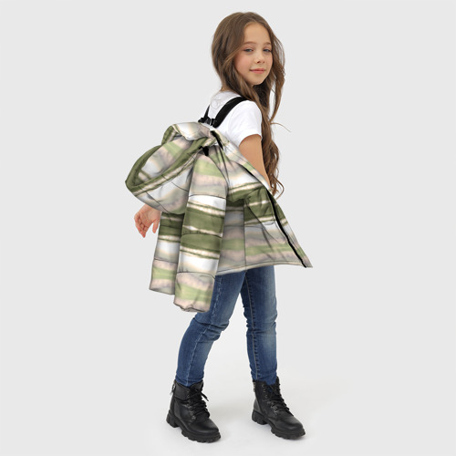 Зимняя куртка для девочек 3D с принтом Тай дай полосы в оливковых тонах, фото #4