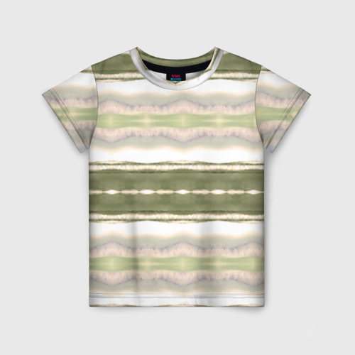 Детская футболка 3D с принтом Тай дай полосы в оливковых тонах, вид спереди #2