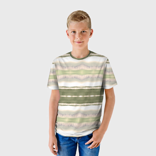 Детская футболка 3D с принтом Тай дай полосы в оливковых тонах, фото на моделе #1