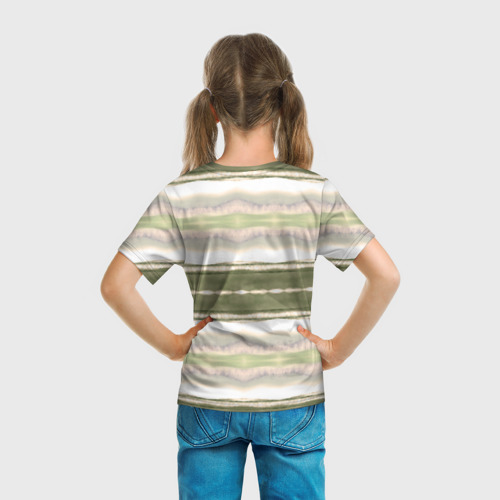 Детская футболка 3D с принтом Тай дай полосы в оливковых тонах, вид сзади #2